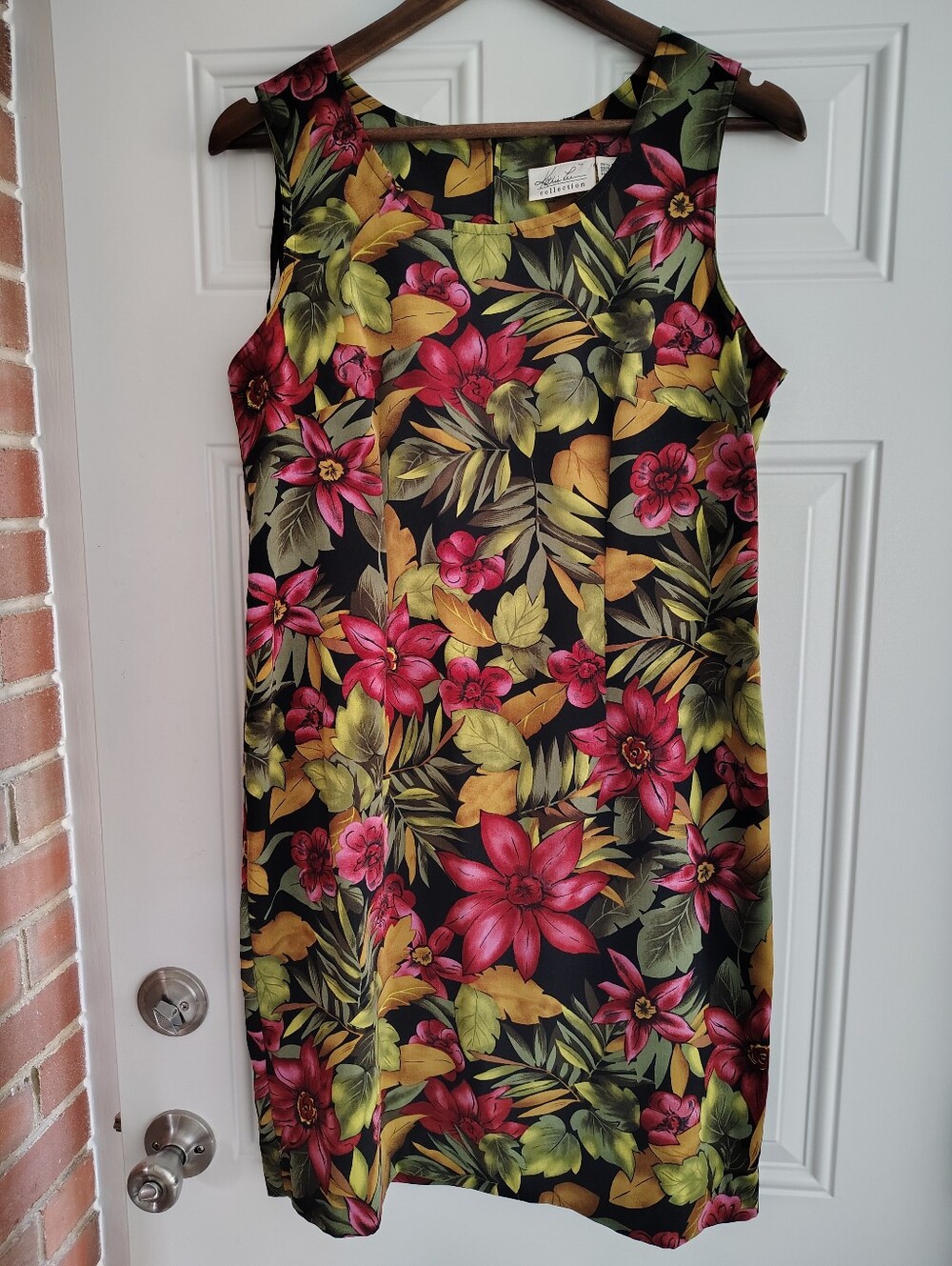 Vtg 90s Kathie Lee Tropical Floral Shift Dress Size 8 Black Hibiscus Hawaiian